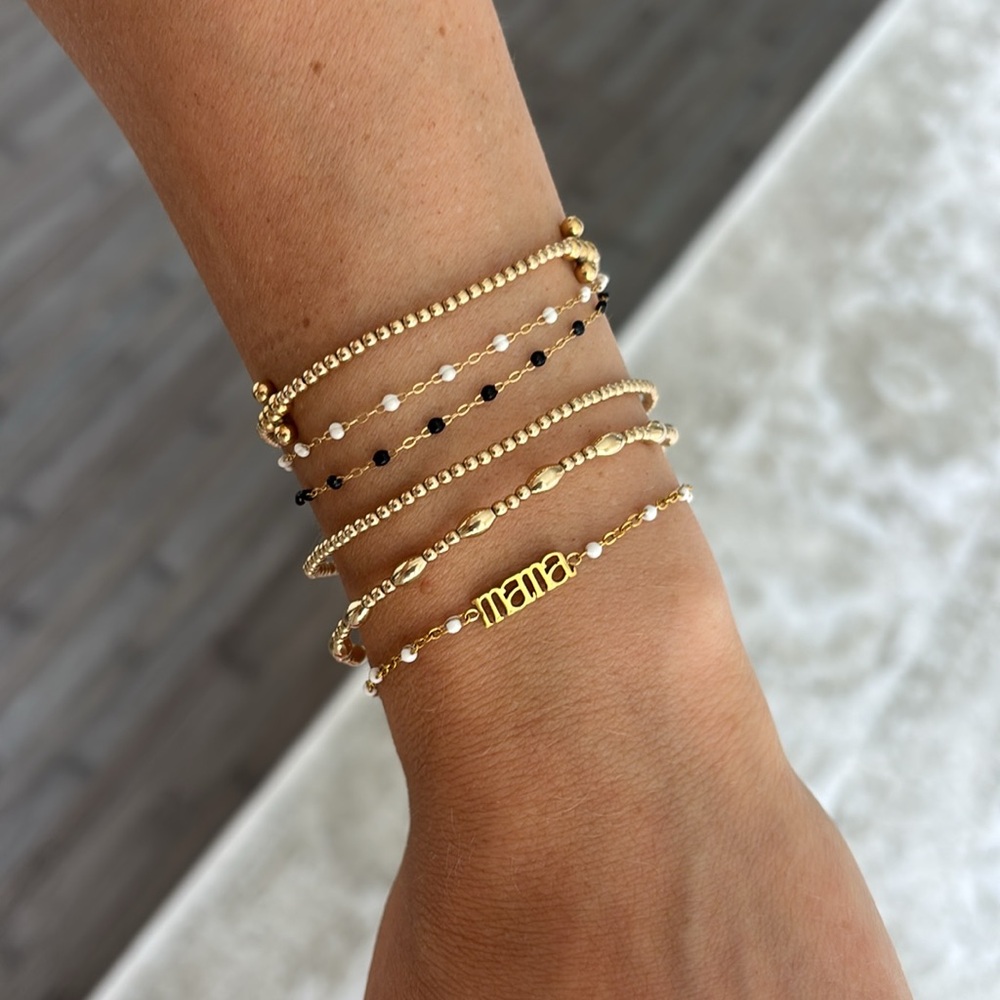 Dainty gold & white MAMA beaded look adjustable bracelet delicate jeweled chain